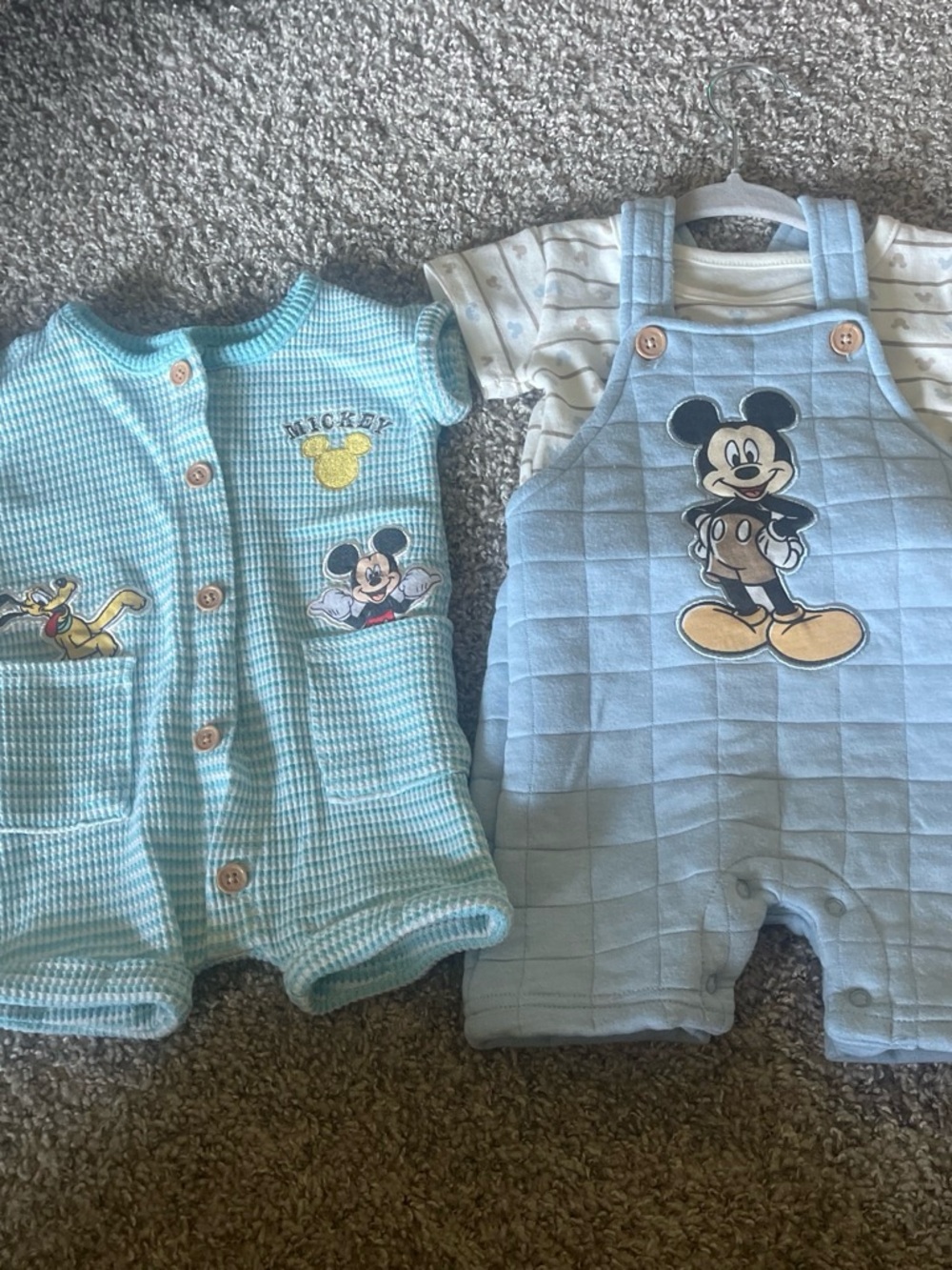 Disney Light Blue Mickey Mouse Quilted Overalls & Aqua Knit Romper Set